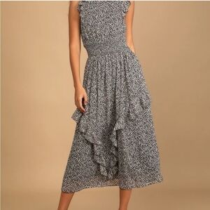 NEW Lulu's Evalina Black Floral Print Mock Neck Midi XS